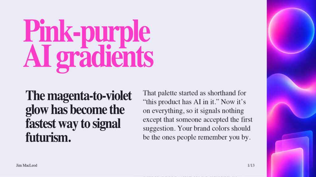 Slide on pink-purple AI gradients, showing glowing magenta-to-violet spheres and glass panels.