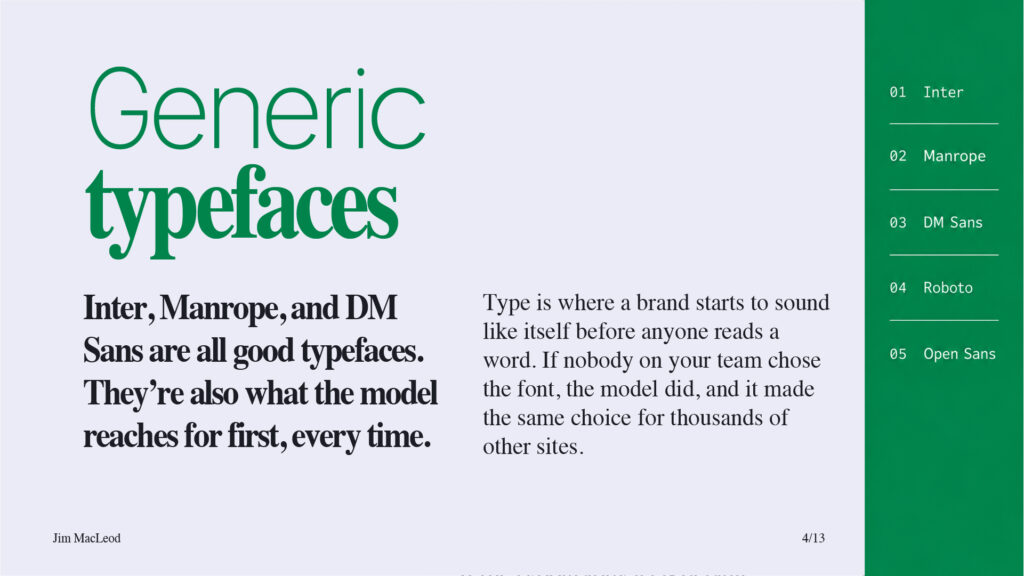 Slide on generic typefaces, listing Inter, Manrope, DM Sans, Roboto, and Open Sans.