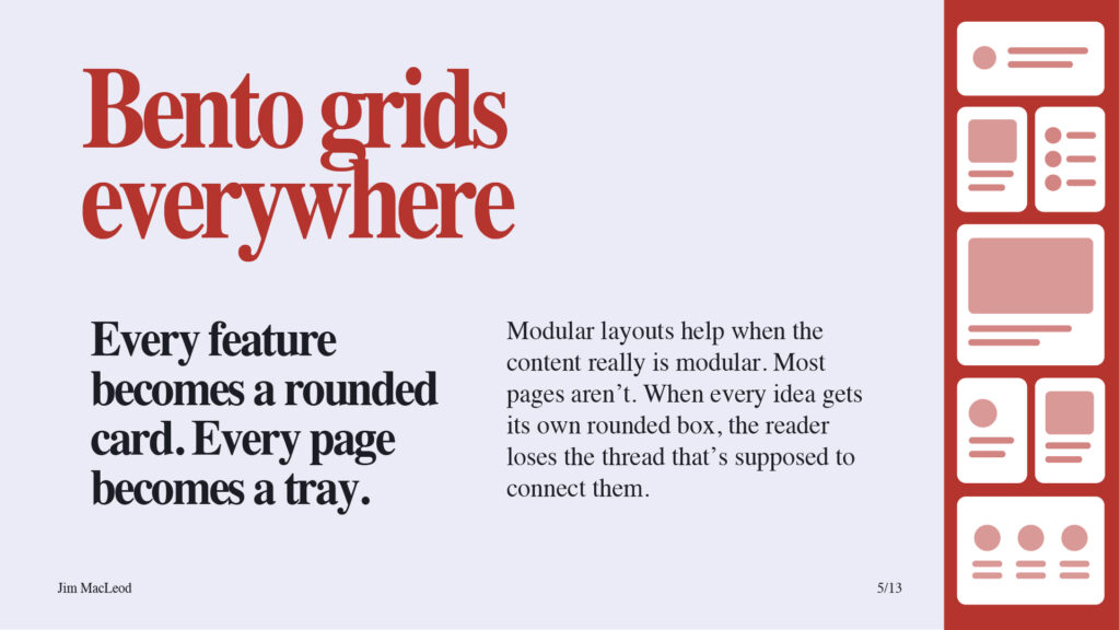 Slide on bento grids, showing a page broken into many rounded tiles.