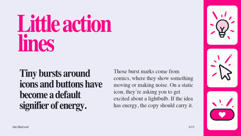 Slide on little action lines, showing burst marks around a lightbulb, a cursor, and a button.