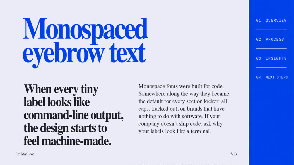 Slide on monospaced eyebrow text, showing numbered all-caps labels set in a code font.