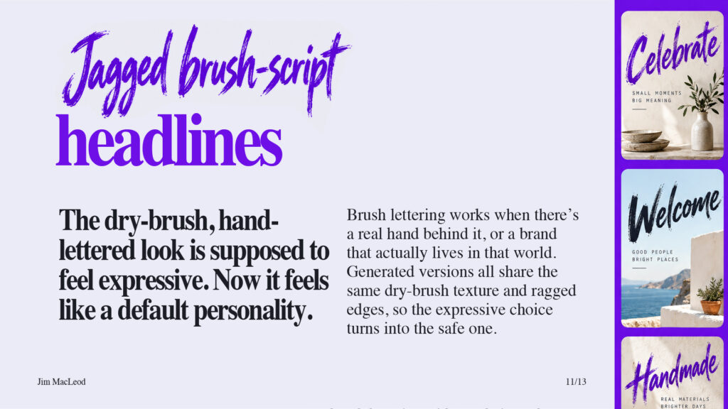 Slide on jagged brush-script headlines, showing three posters with dry-brush lettering.