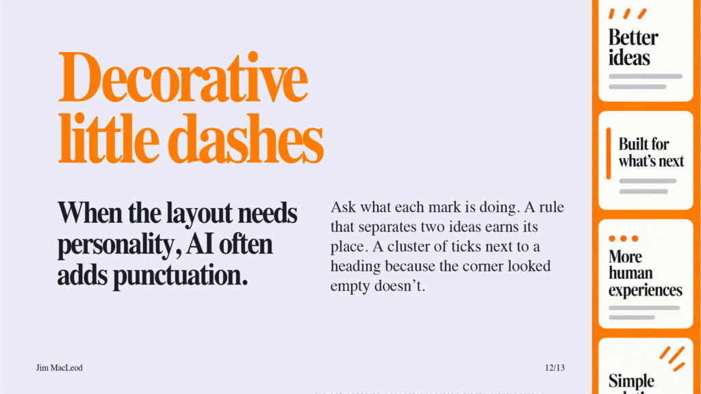 Slide on decorative little dashes, showing cards with ticks, dots, and lines added next to headings.